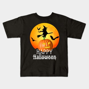 Flying Witch Jack O Lantern Happy Halloween Kids T-Shirt